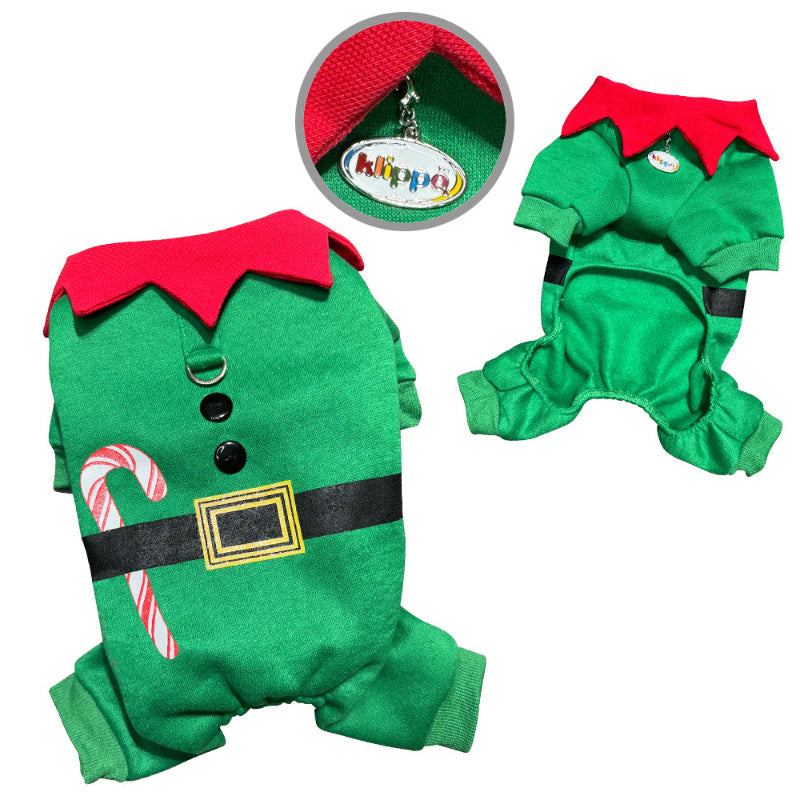 Elf Dog Bodysuit with Candy Cane Design by Klippo