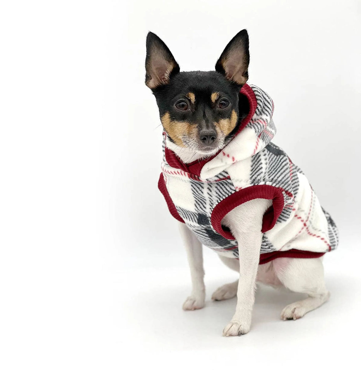 Red Plaid Luxe Fleece Dog Hoodie – Sleeveless Winter Jacket