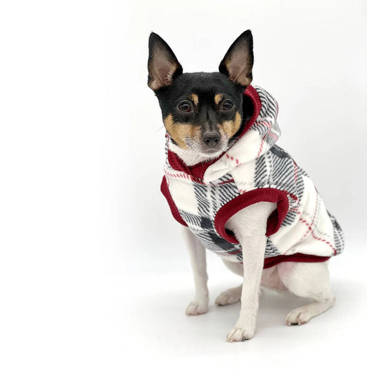 Red Plaid Luxe Fleece Dog Hoodie – Sleeveless Winter Jacket