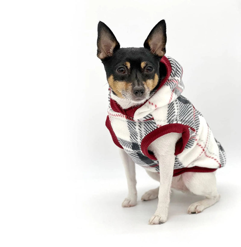 Red Plaid Luxe Fleece Dog Hoodie – Sleeveless Winter Jacket