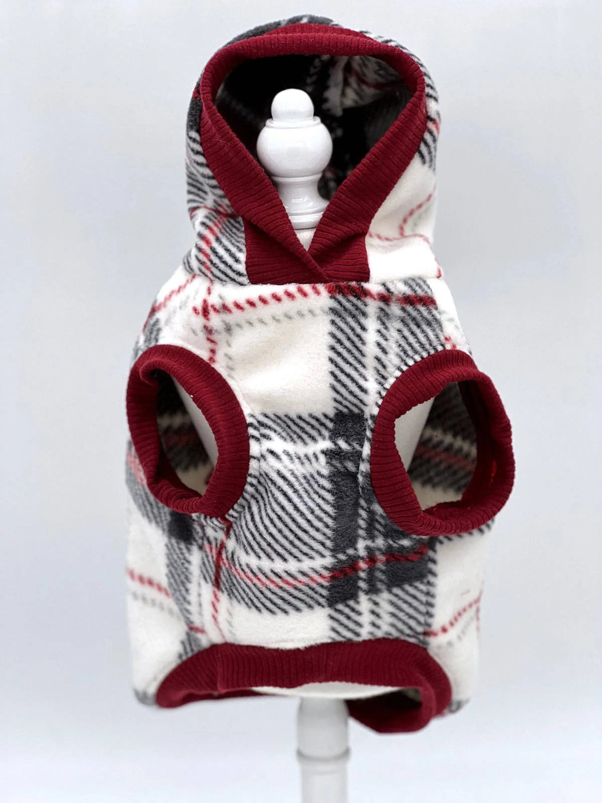Red Plaid Luxe Fleece Dog Hoodie – Sleeveless Winter Jacket
