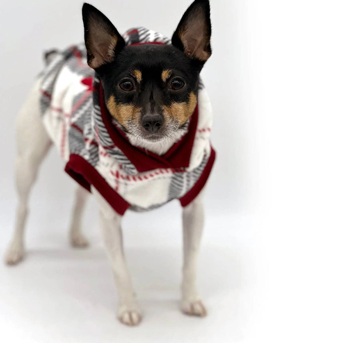 Red Plaid Luxe Fleece Dog Hoodie – Sleeveless Winter Jacket