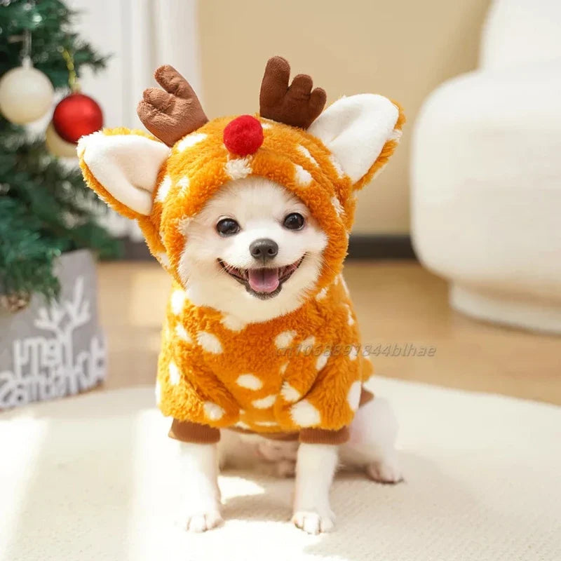 Christmas Reindeer Fleece Dog Hoodie with Antlers – Mustard