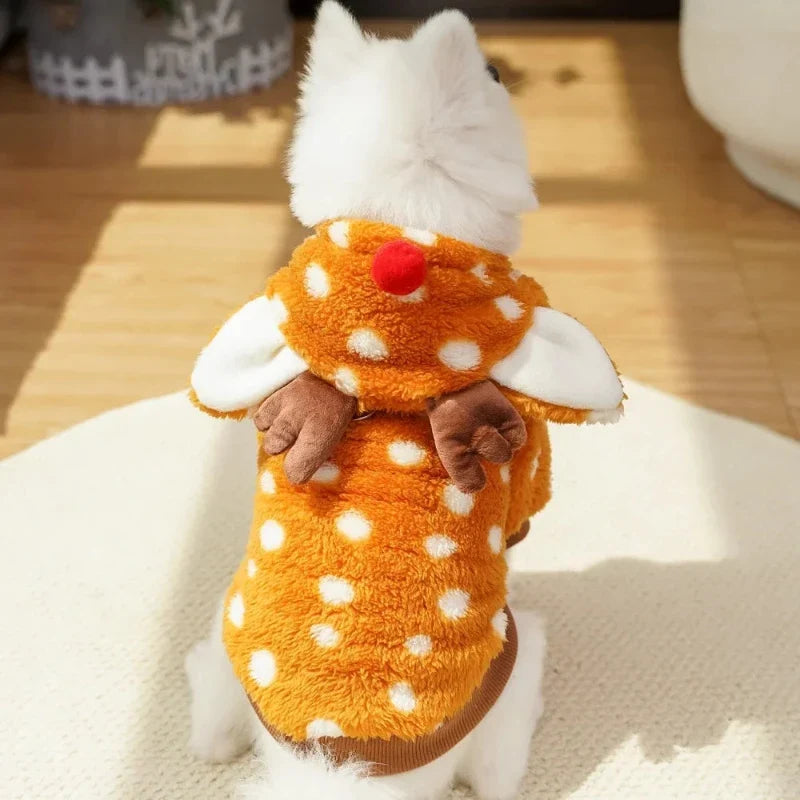 Christmas Reindeer Fleece Dog Hoodie with Antlers – Mustard