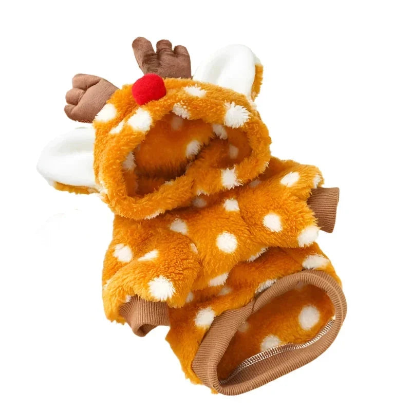 Christmas Reindeer Fleece Dog Hoodie with Antlers – Mustard