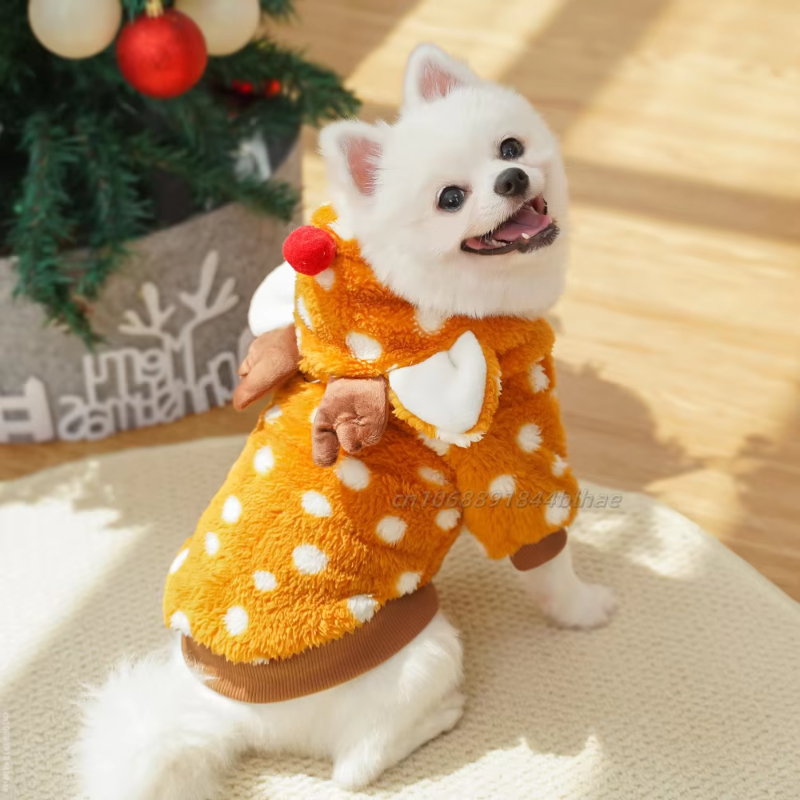 Christmas Reindeer Fleece Dog Hoodie with Antlers – Mustard