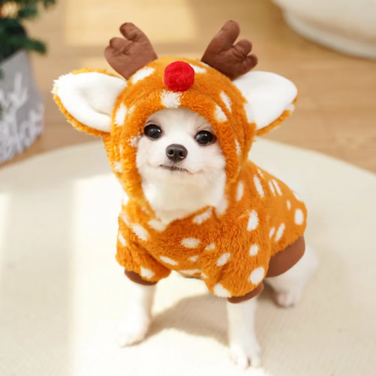Christmas Reindeer Fleece Dog Hoodie with Antlers – Mustard