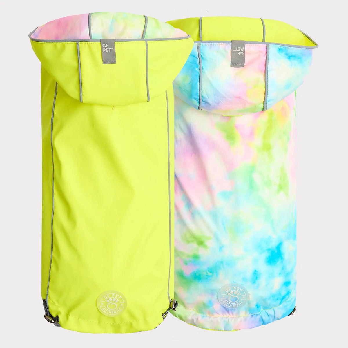 Waterproof Reversible Dog Raincoat with Hood – Neon Yellow & Tie-Dye