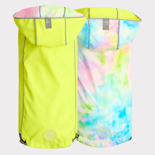 Waterproof Reversible Dog Raincoat with Hood – Neon Yellow & Tie-Dye